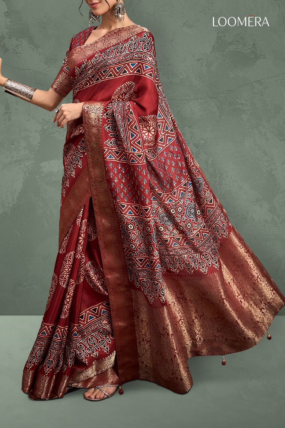Burgundy Red Ajrakh Design Saree