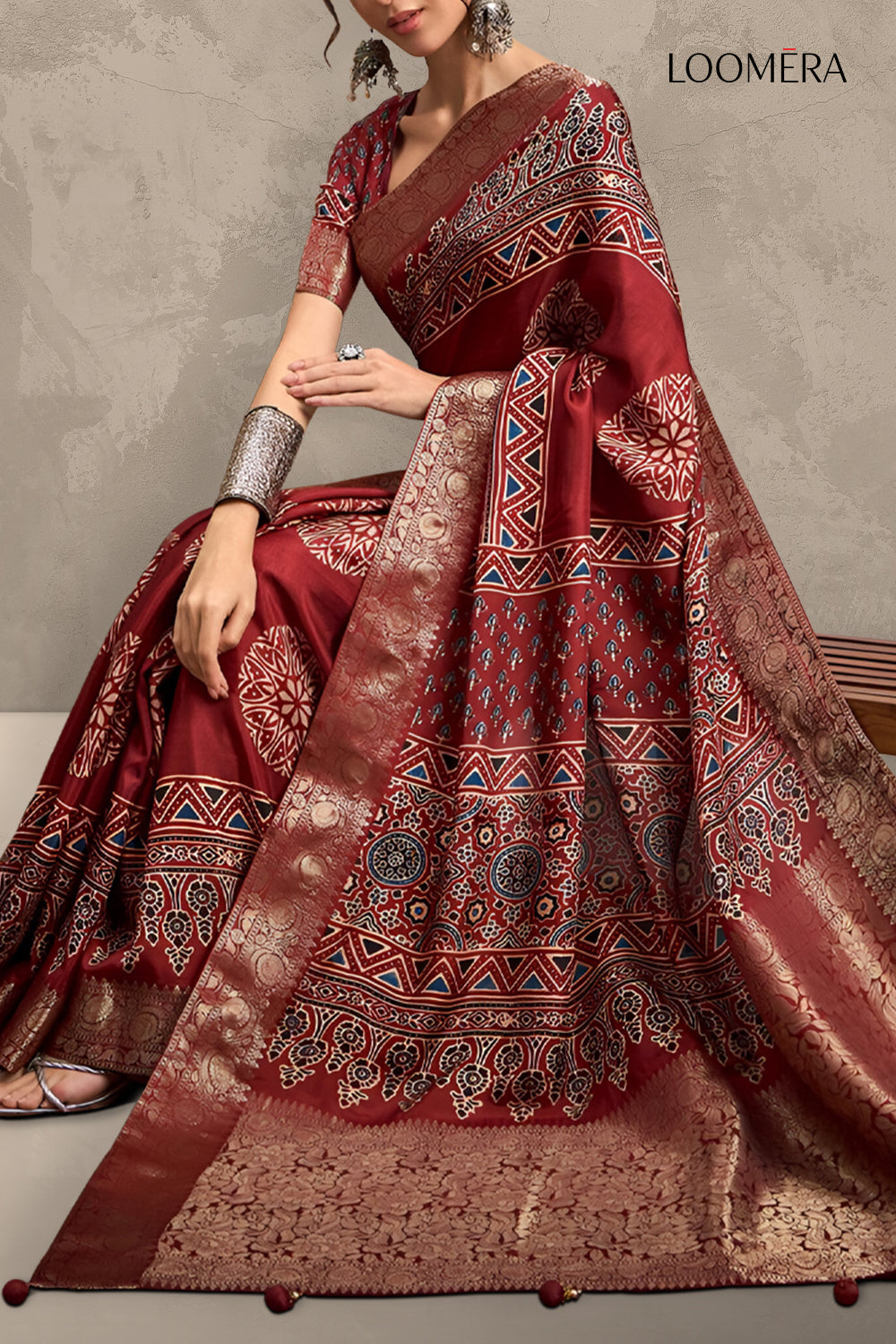 Burgundy Red Ajrakh Jari Saree