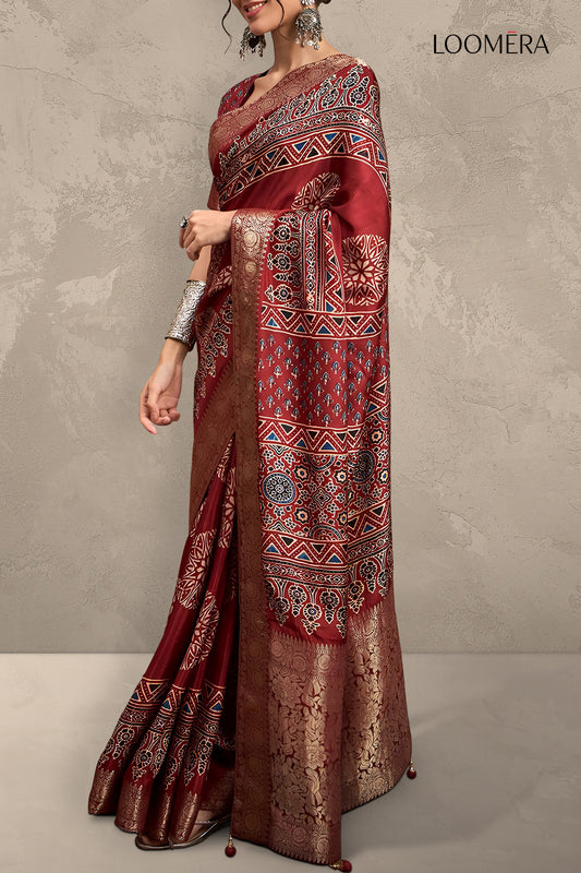Burgundy Red Ajrakh Printed Saree