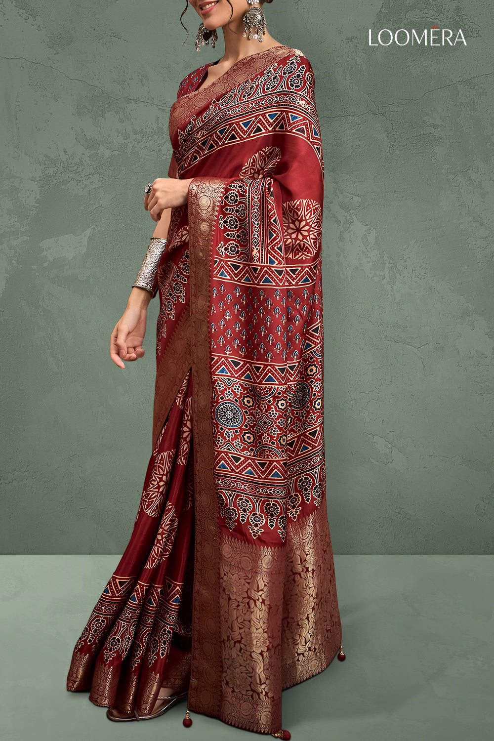 Burgundy Red Ajrakh Saree