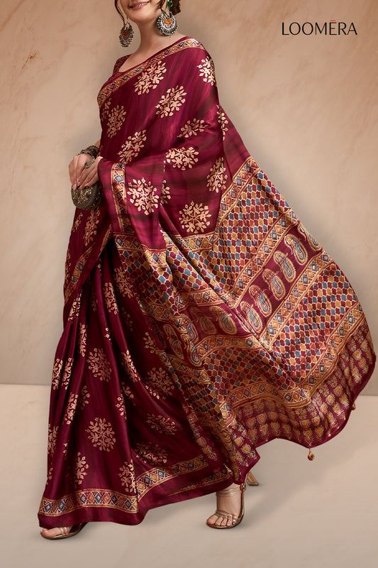 Burgundy Red Gajji Silk Saree with Batik Prints