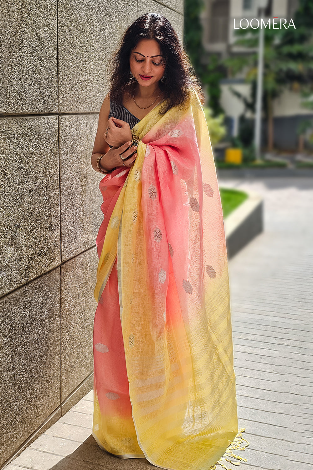 Coral Orange and Yellow Linen Saree