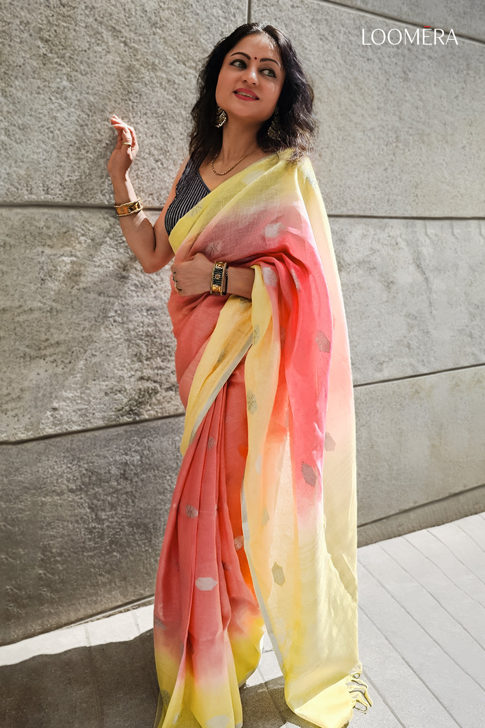 Coral Orange Linen Saree with Silver Zari