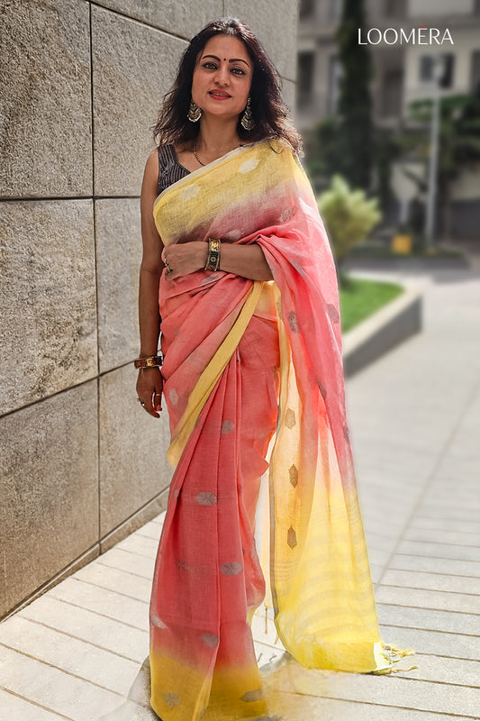 Coral Orange Linen Saree