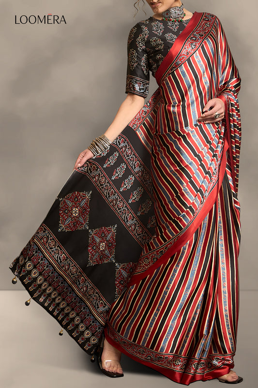 Coral Red Gaji Modal Silk Saree with Multicolour Stripes
