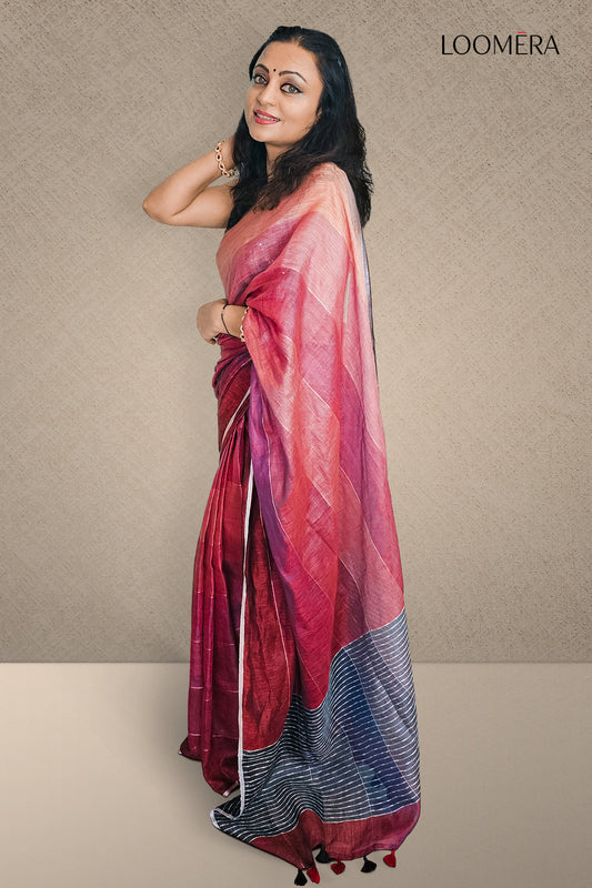 Coral Red Linen Saree