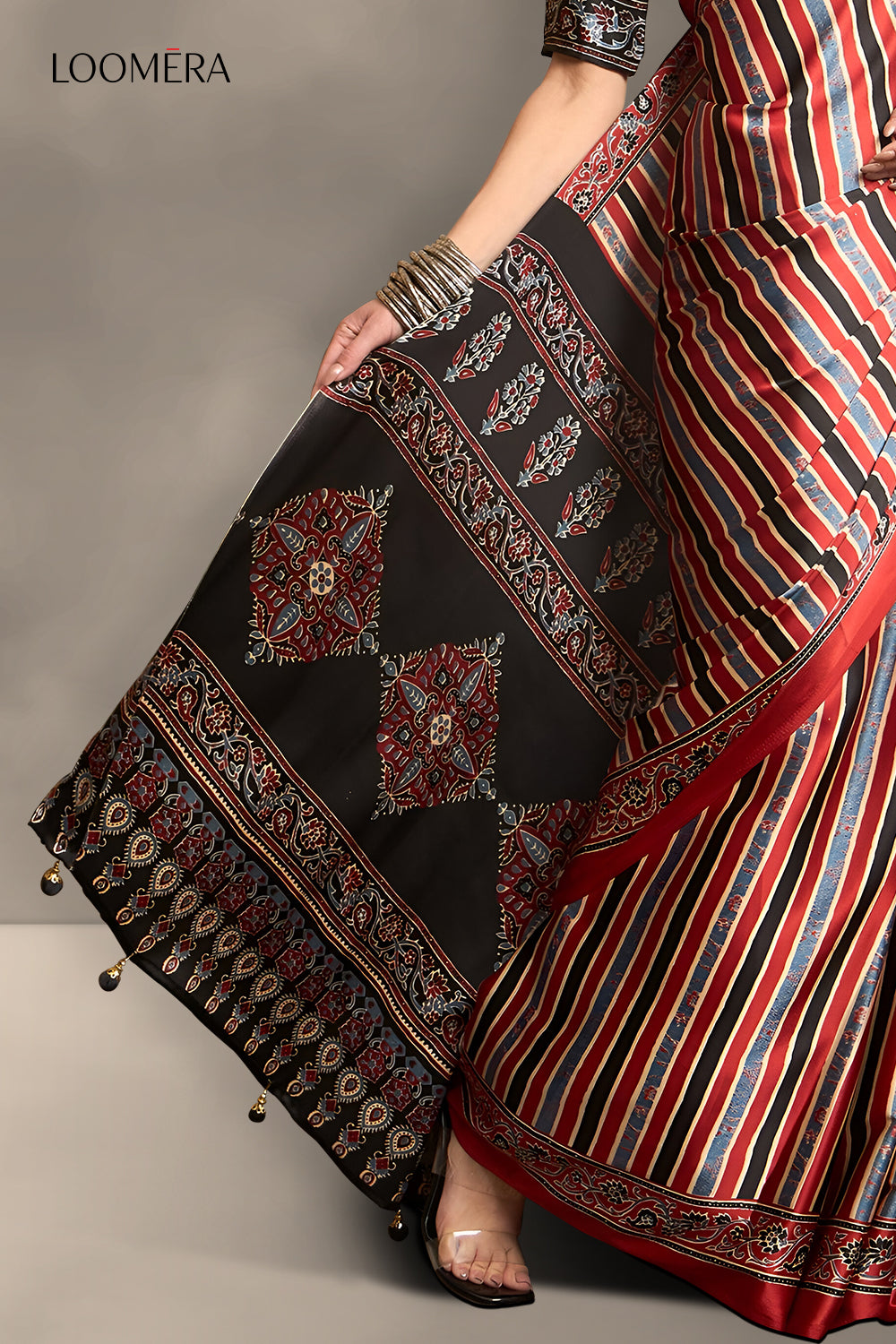 Coral Red Saree with Multicolour Stripes