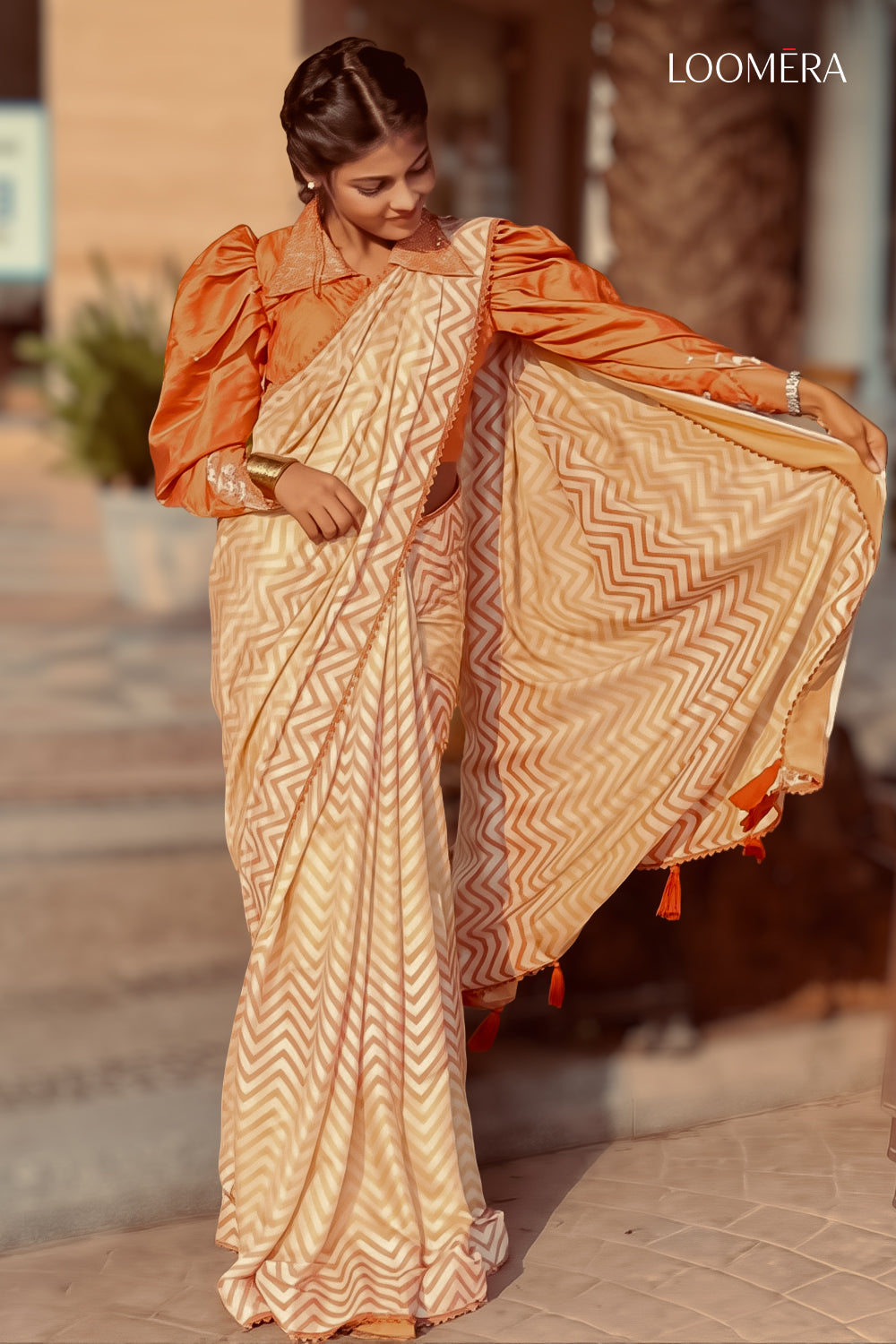 Cream Saree with Readymade Blouse