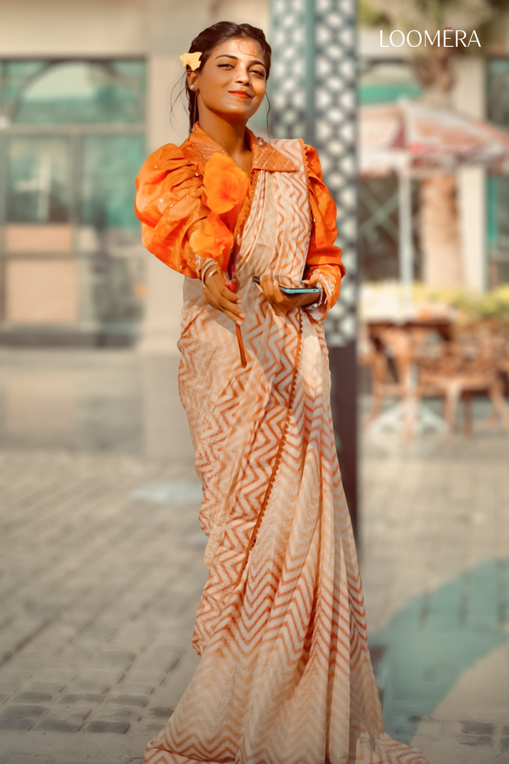 Cream Satin Saree with Readymade Blouse