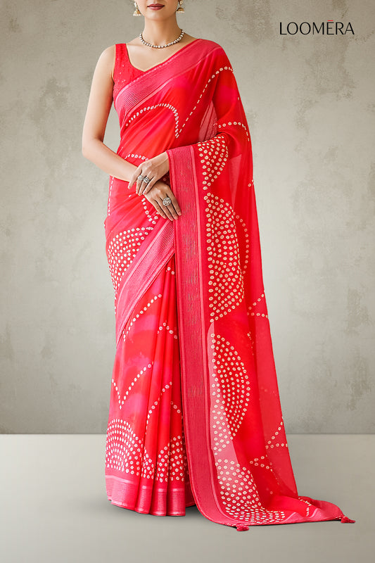 Crimson Red Georgette Saree with Bandhani Prints