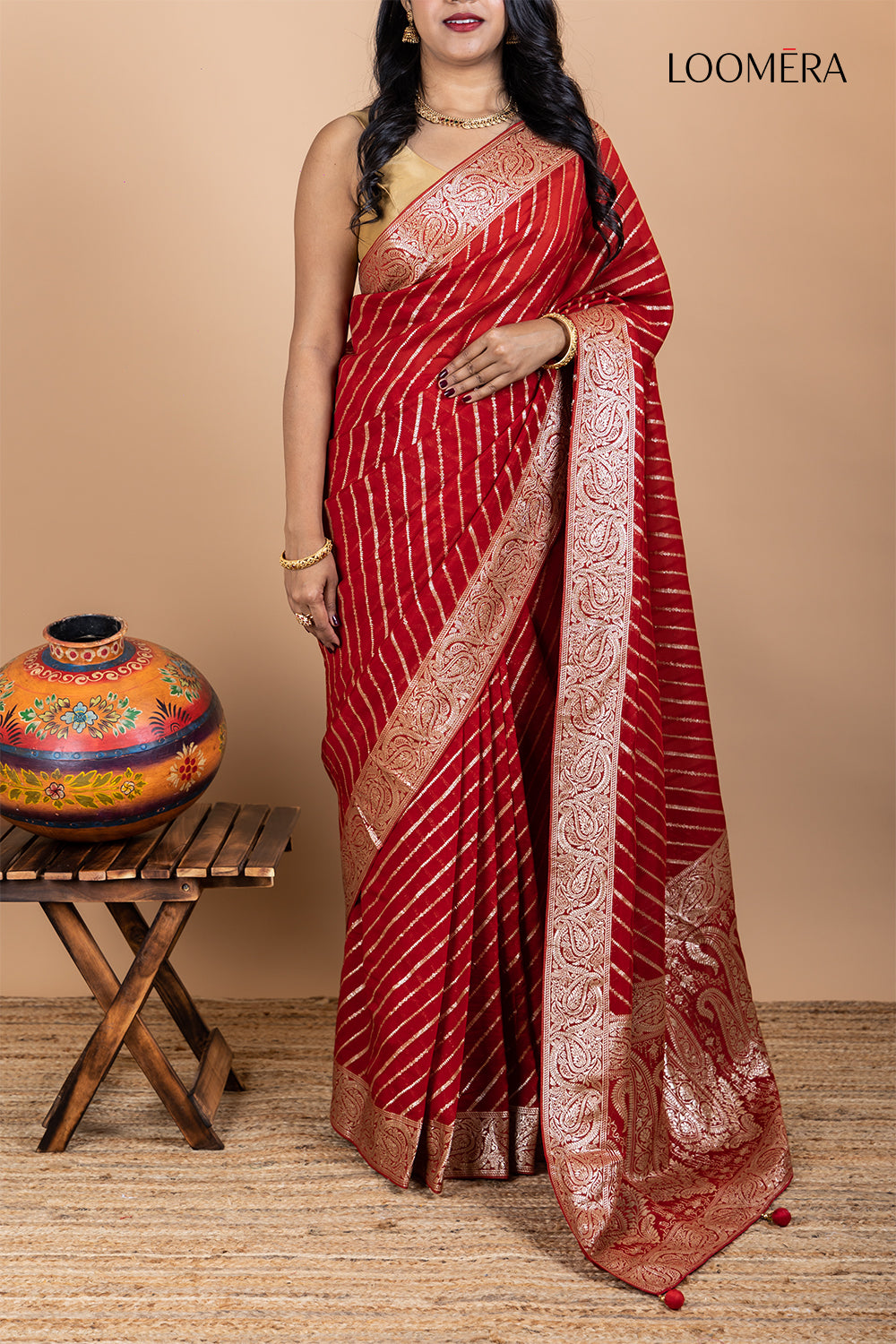 Crimson Red Silk Saree with Zari Border