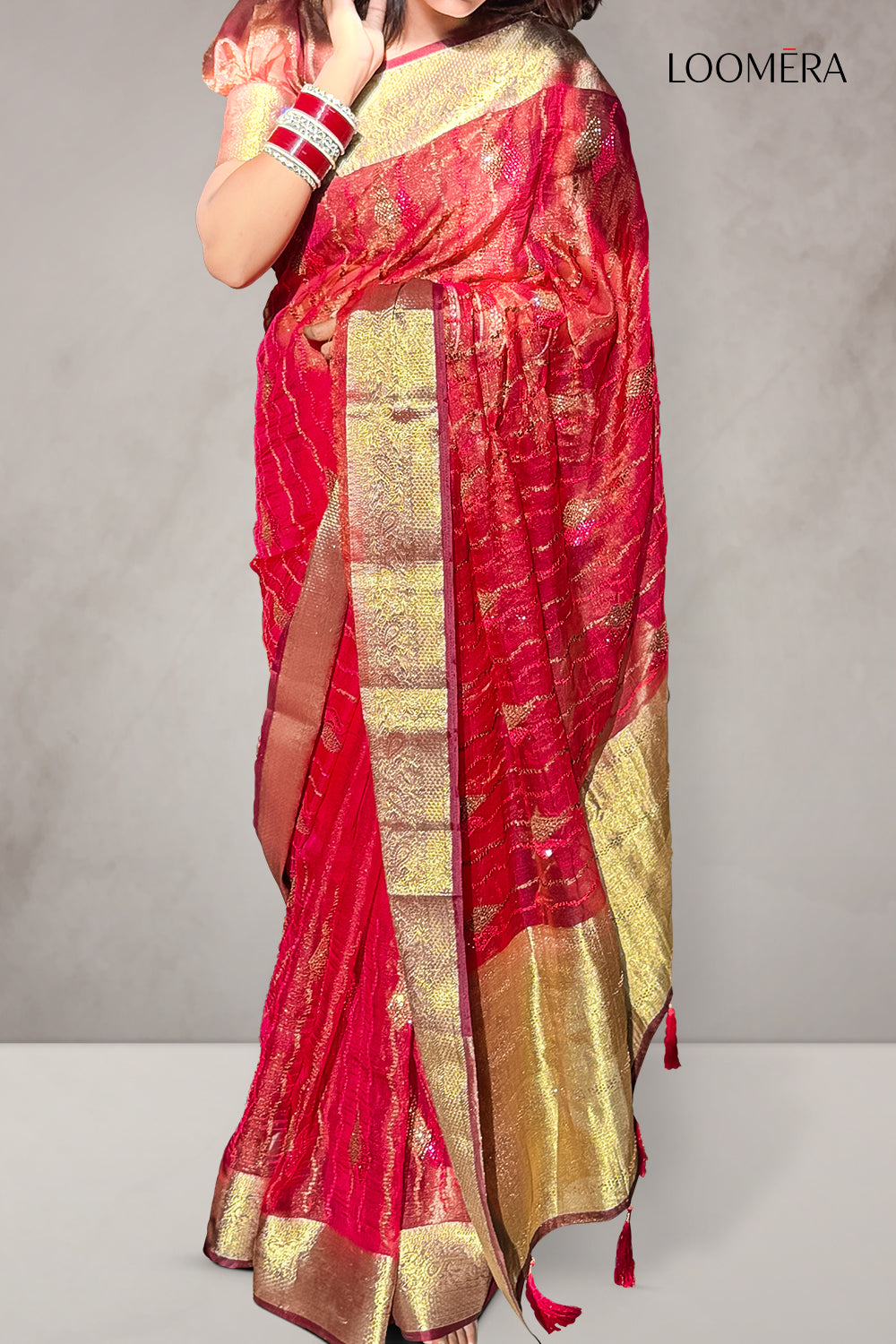 Crimson Rose Organza Saree with Zari Border