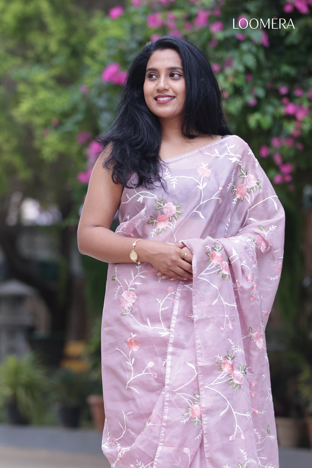 Crushed Tissue Saree with Floral Embroidery