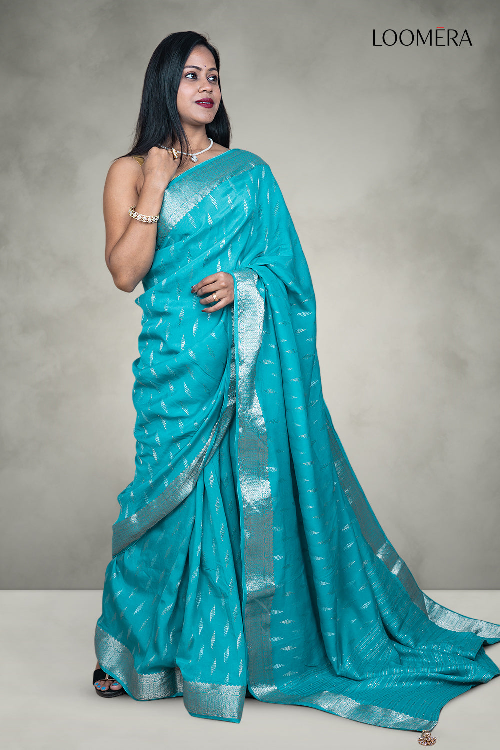 Cyan Blue Saree with Silver Butta