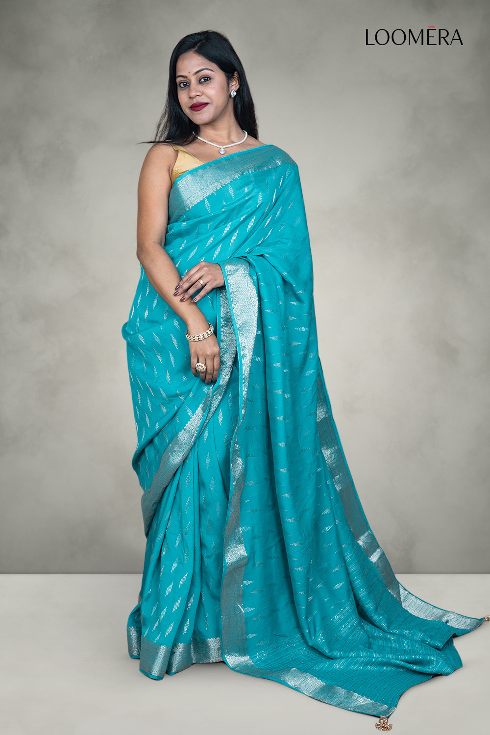 Cyan Blue Saree with Zari Border
