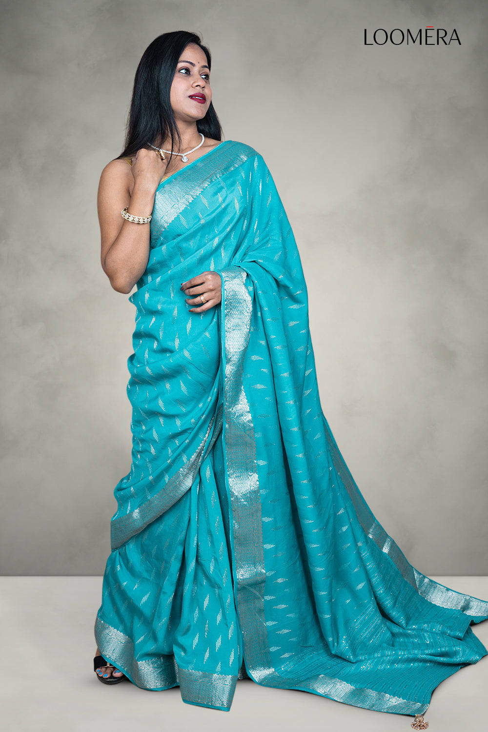 Cyan Blue Semi Silk Saree