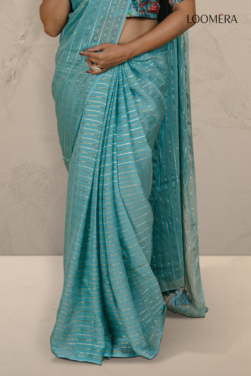 Cyan Saree with Readymade Blouse