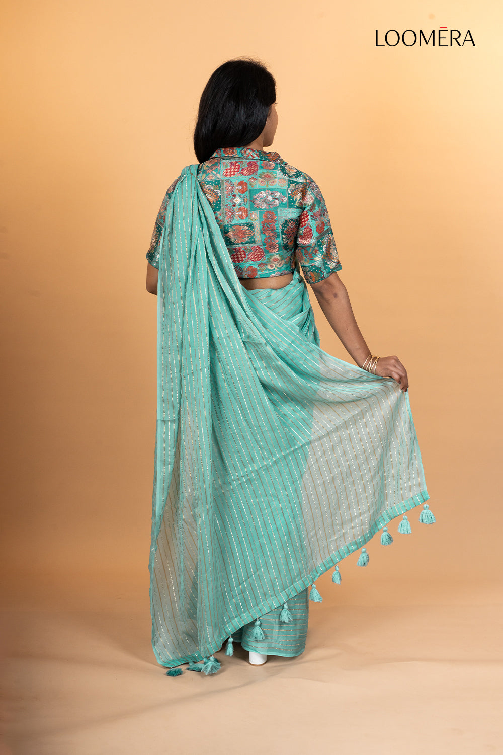 Cyan Silk Saree with Readymade Blouse