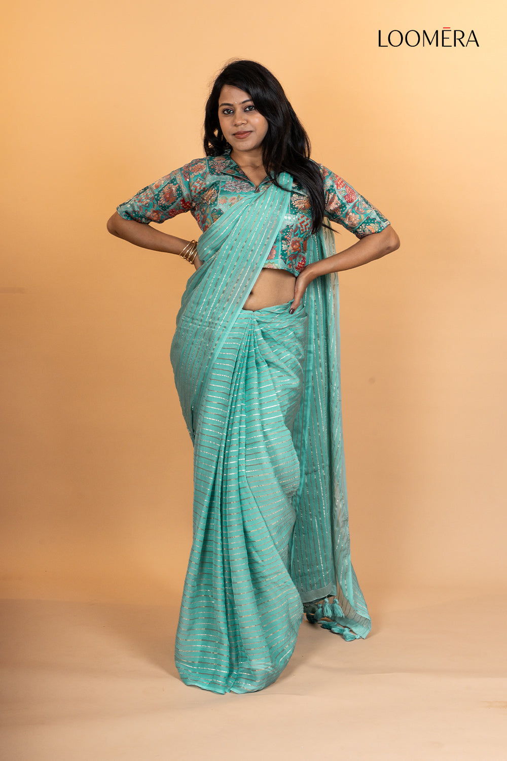 Cyan Viscose Silk Saree with Zari Lines