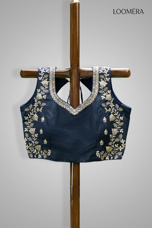 Dark Blue Embroidered Floral Readymade Blouse