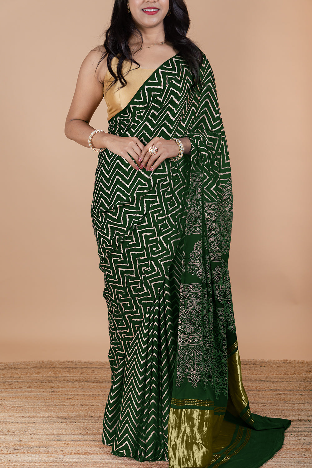 Dark Green Ajrakh Modal Silk Saree with Hand Block Print