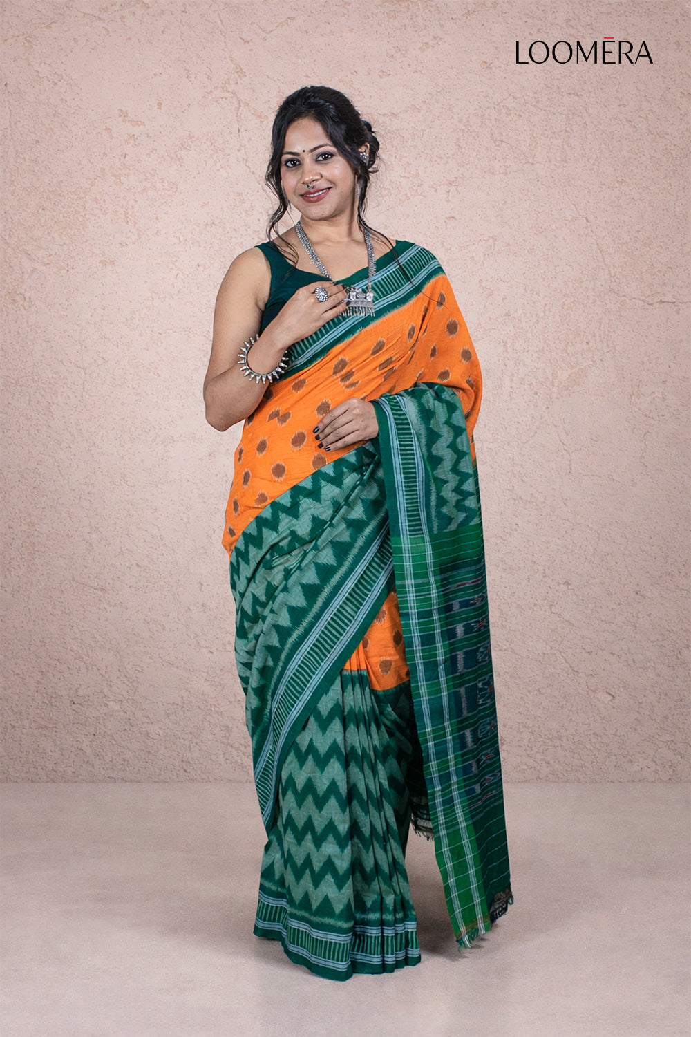 Dark Green and Orange Cotton Saree