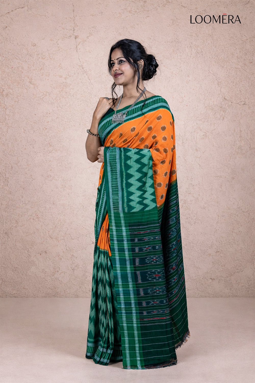 Dark Green and Orange Handloom Ikat Cotton Saree