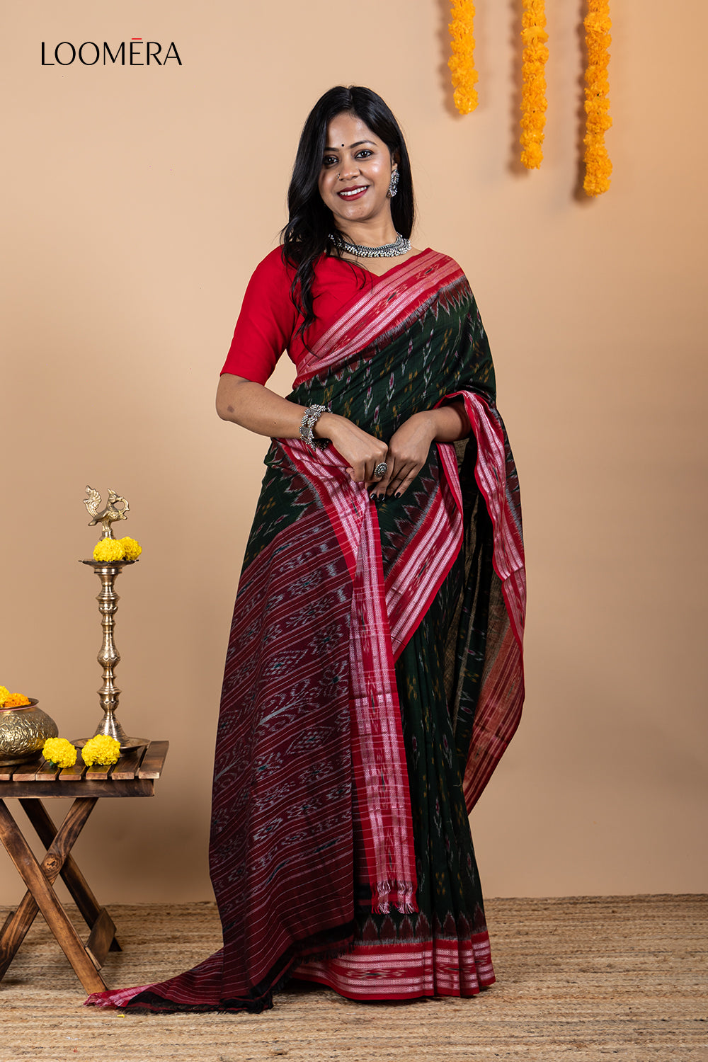 Dark Green Ikat Cotton Saree