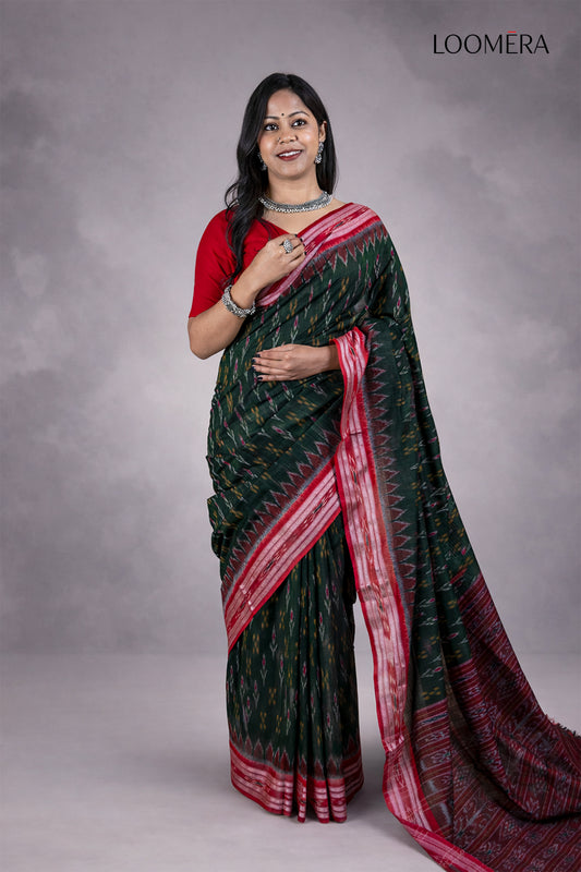 Dark Green Ikat Cotton Saree