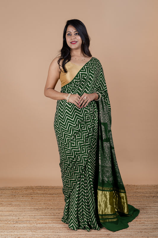 Dark Green Ajrakh Saree with Hand Block Print
