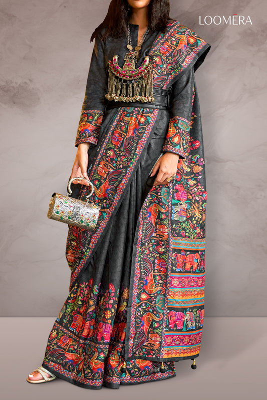 Dark Grey Viscose Silk Saree