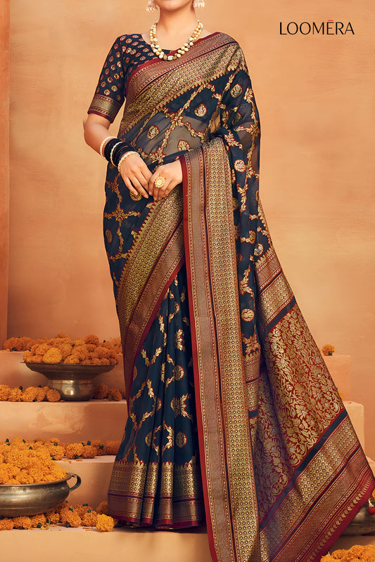 Dark Navy Blue Georgette Saree With Gold Foil Print