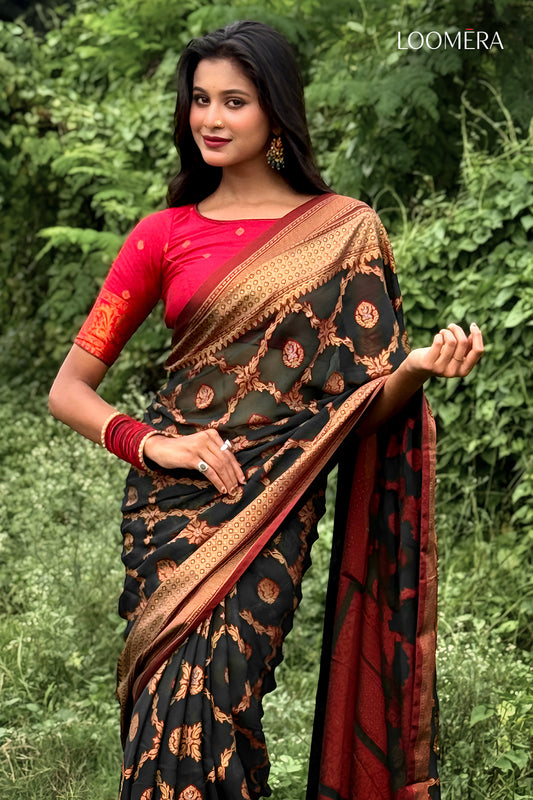 Dark Navy Blue Saree Foil Print