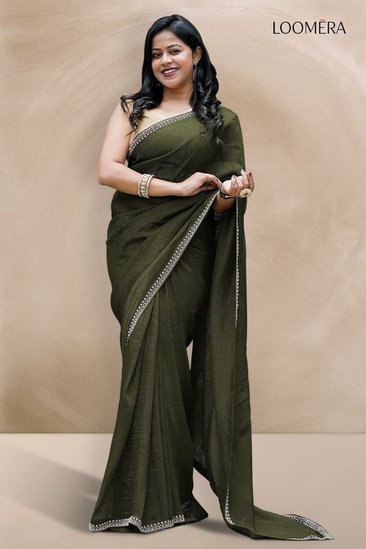 Dark Olive Cross Tissue Saree