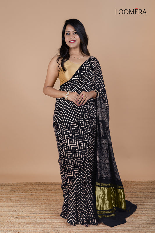 Dark Purple Ajrakh Modal Silk Saree with Hand Block Print