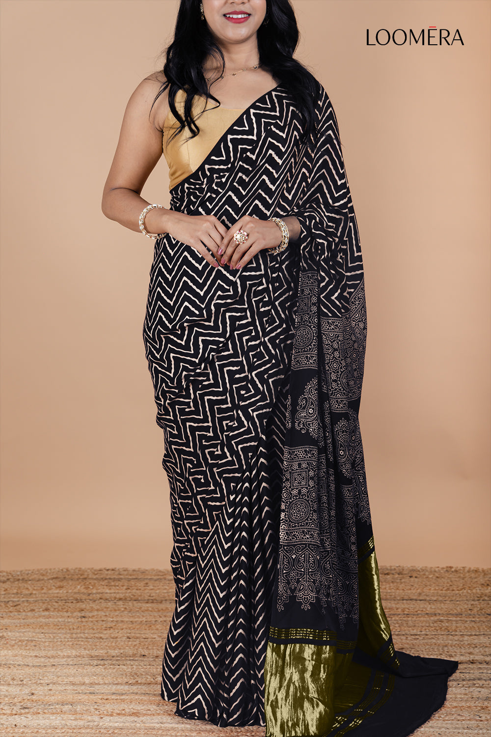 Dark Purple Silk Saree with Hand Block Print