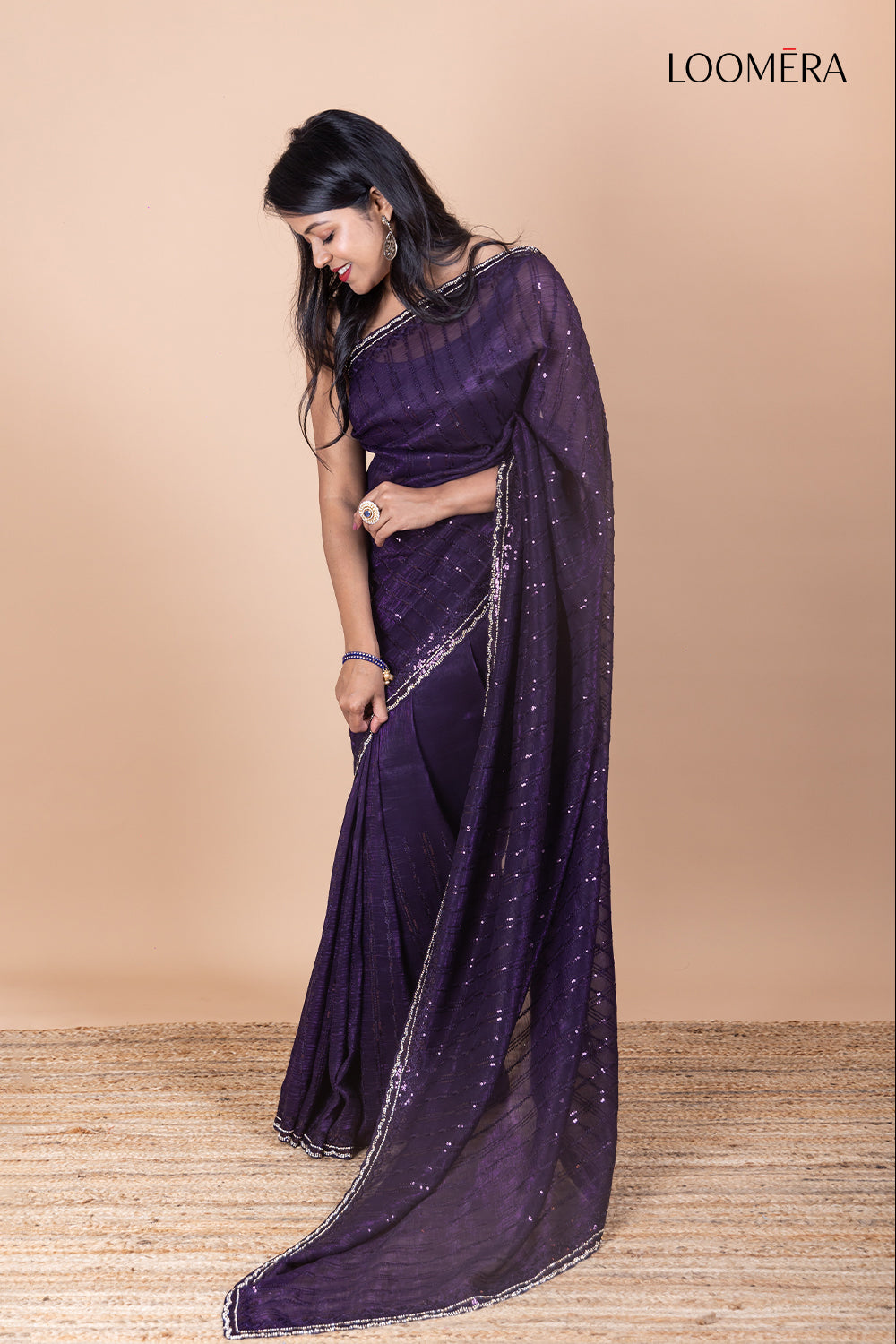 Dark Purple Simar Net Saree with Sequins Work