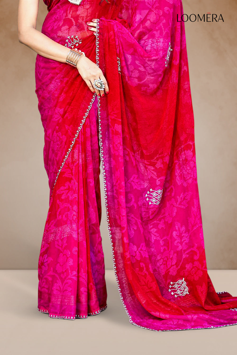 Deep Pink and Red Floral Saree