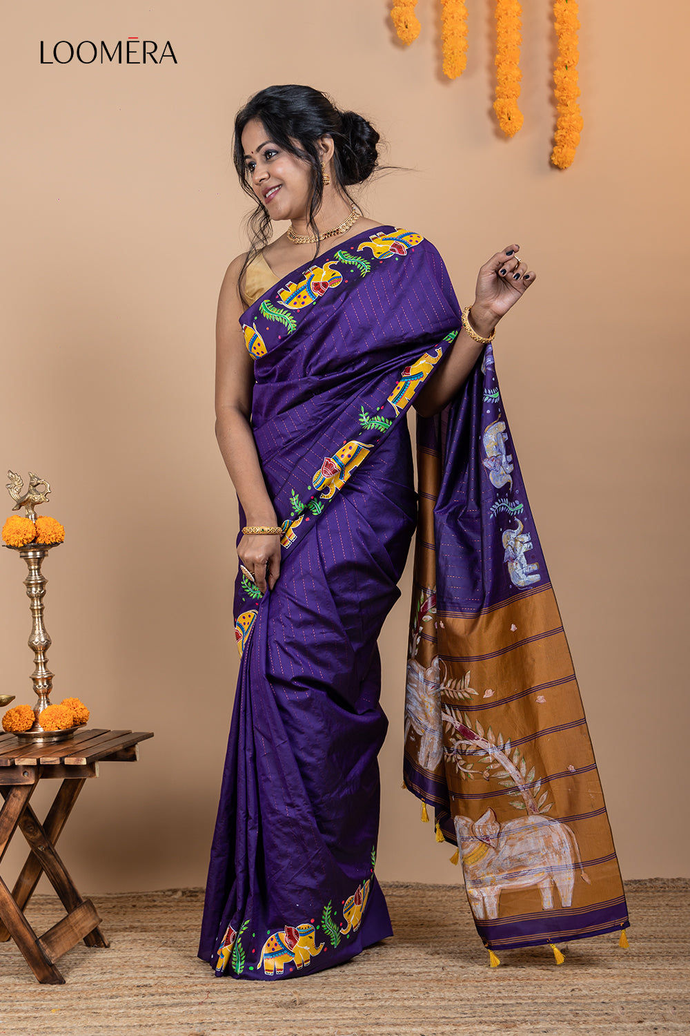 Elephant Motif Handpainted Saree