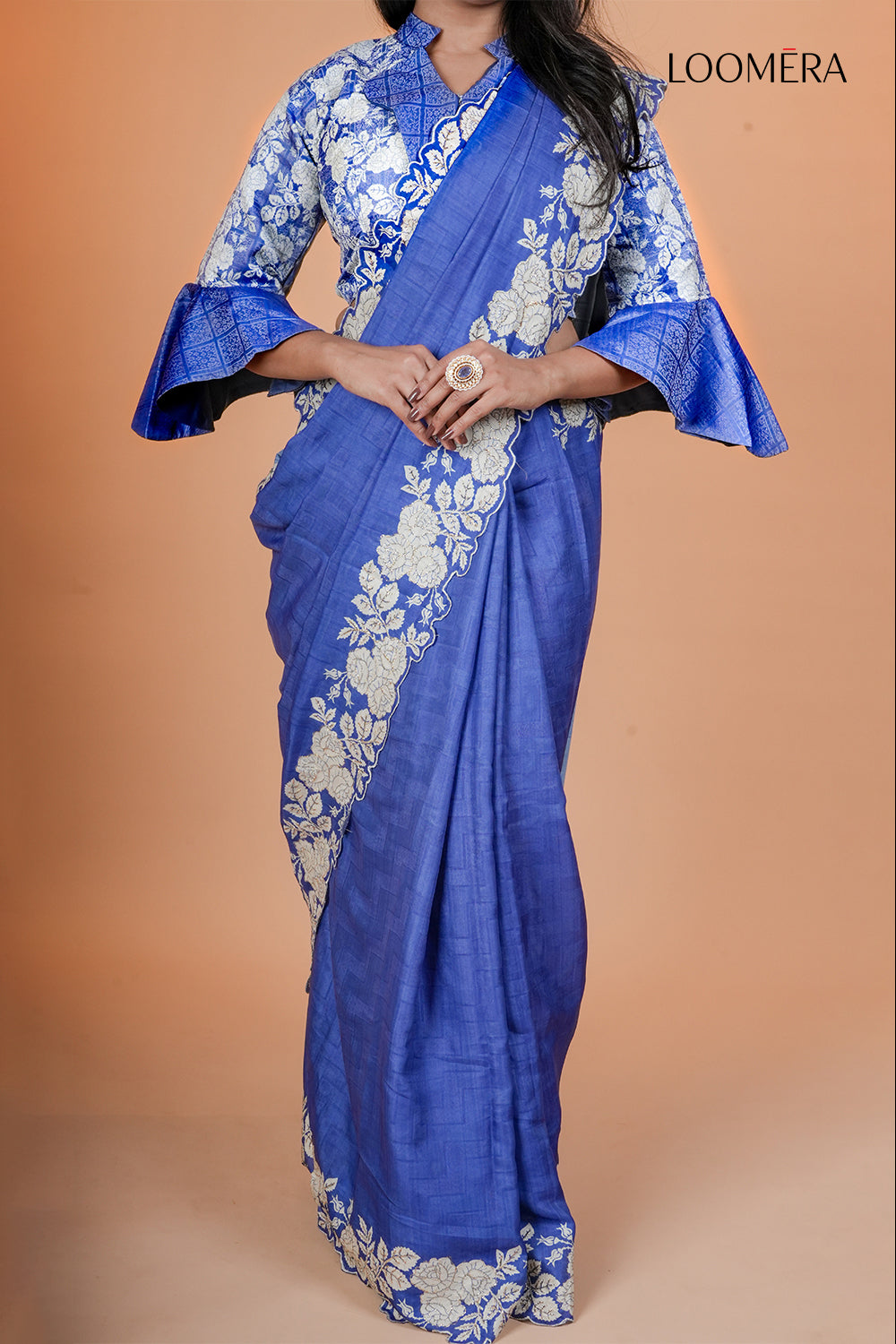 Embroidered Floral Border Saree with Readymade Blouse