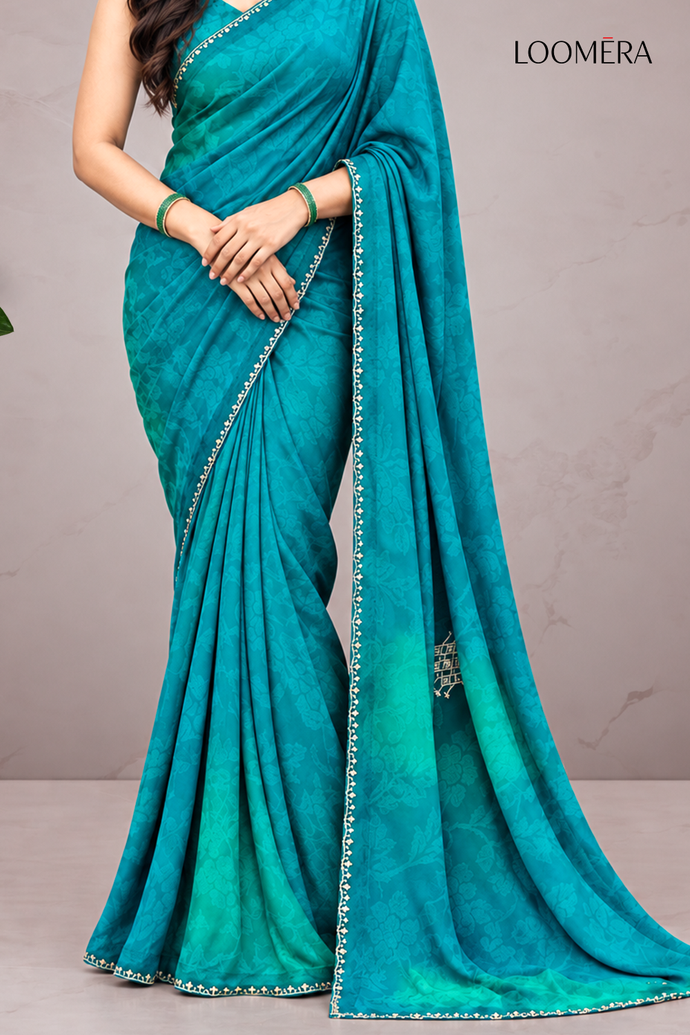 Floral Design Saree Teal Blue