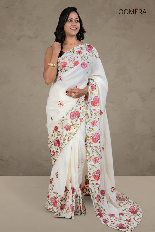 Floral Embroidered Tussar Silk Saree