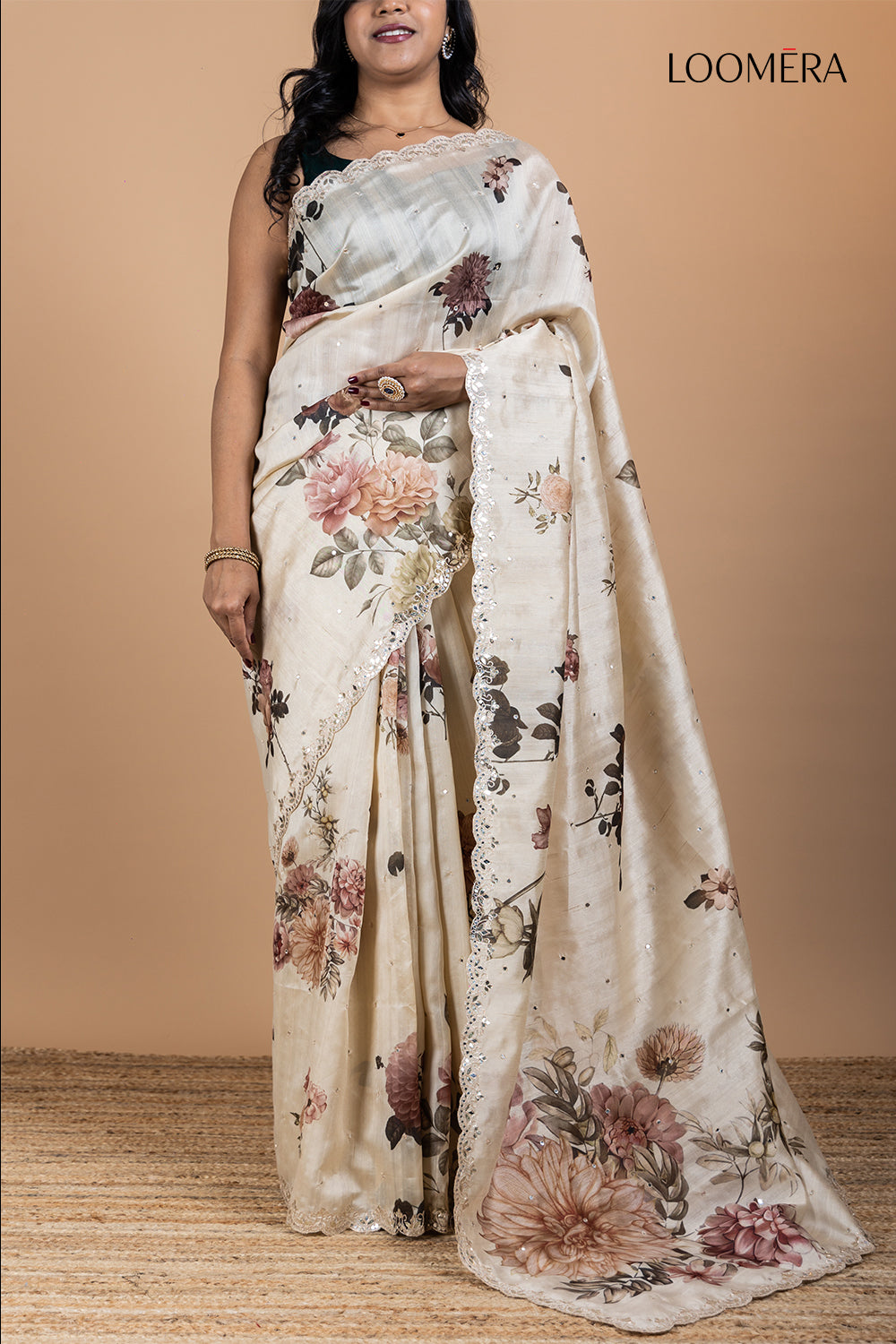 Floral Tussar Silk Saree with Mirror Work