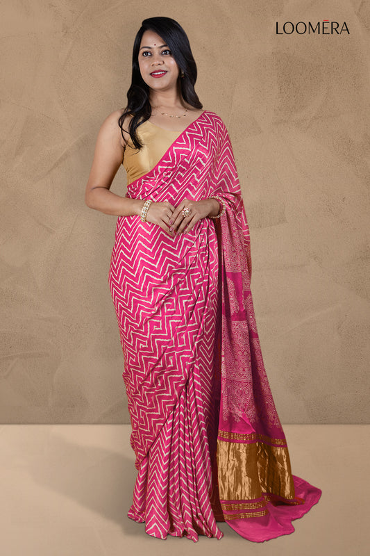 Fuchsia Pink Modal Silk Saree with Hand Block Print