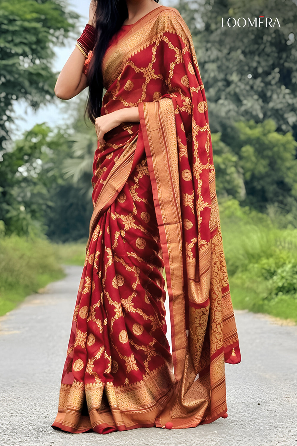 Georgette Red Saree with Gold Foil Print
