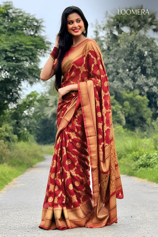 Georgette Saree with Gold Foil Print Red