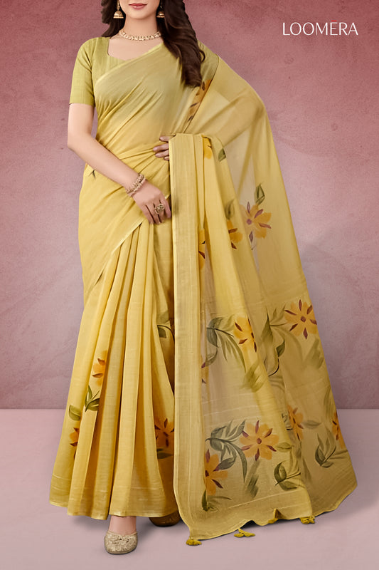 Golden Beige Handpainted Khadi Saree