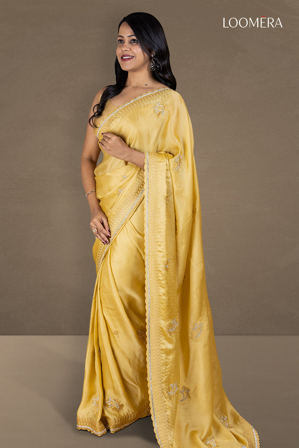 Golden Semi Silk Saree with Thread and Swarovski Border