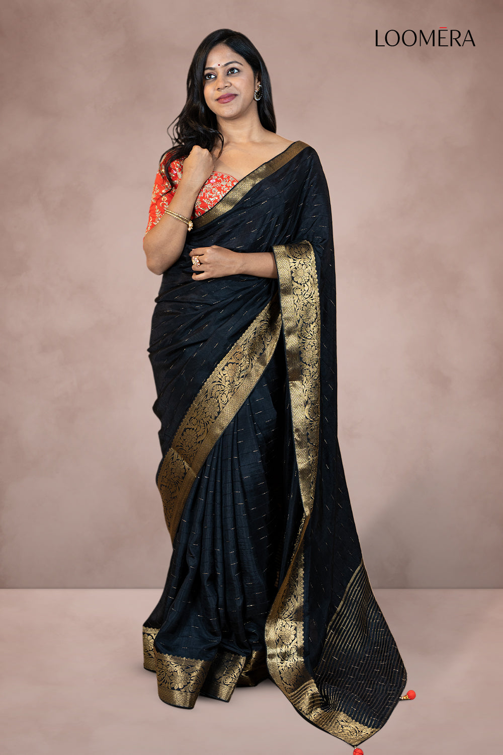 Golden Zari Border Saree Black