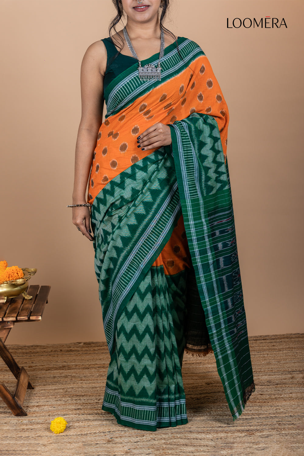 Green and Orange Cotton Saree